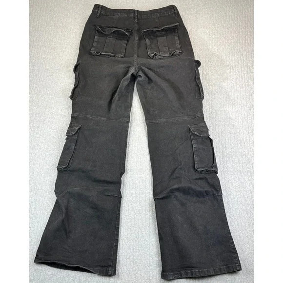 Black baggy wide leg cargo utility‎ jeans Women 15/30X33 high rise hip-hop - Picture 2 of 11